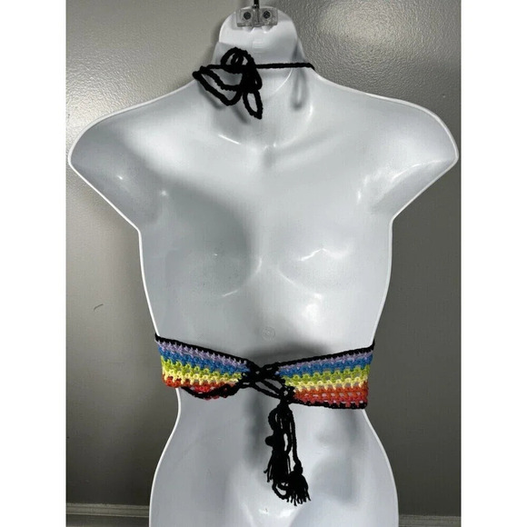 Crochet Halter Top Women's Colorful Size Medium Back Tie V-Neck Bralette - Picture 3 of 5